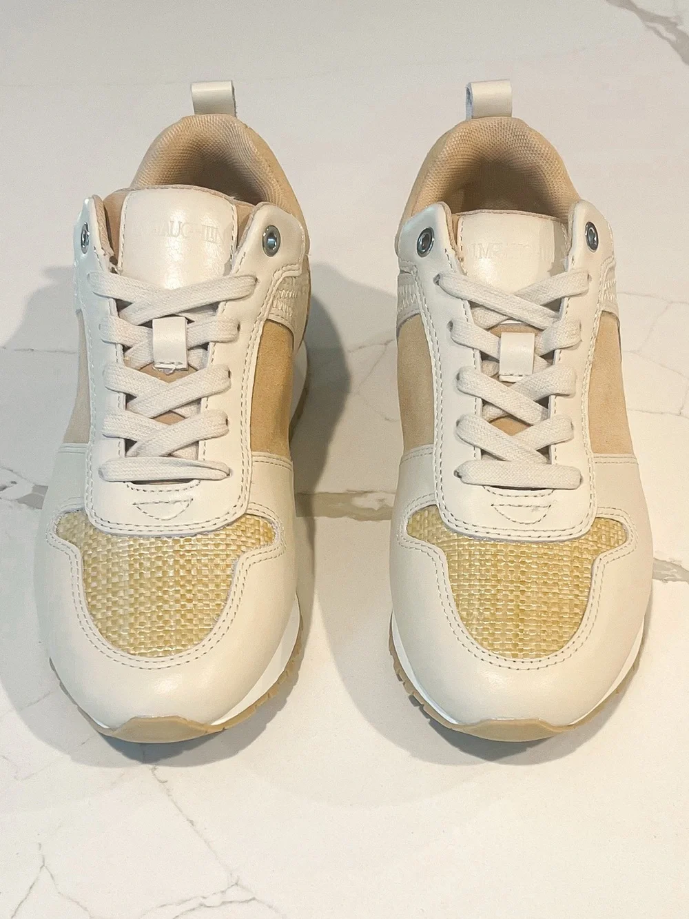 J. McLaughlin Emerson Rattan Leather Suede Tan and Beige Sneakers Womens Sz 7 M